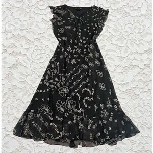 vintage black & white floral beaded midi dress‎ with ruffle sleeves